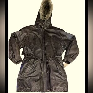 90s Wilson’s leather fur hooded BROWN LEATHER JACKET zip Snap lined cinch Ties M
